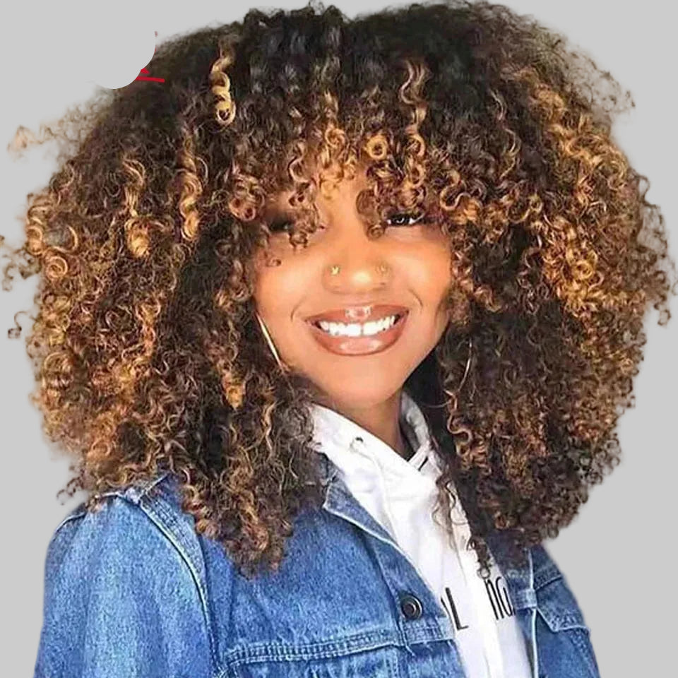 Ginger Highlight Afro Kinky Curly Human Hair Bob Wig with Bangs - 250% Density Full Machine-Made Glueless Short Wig - 100% Brazilian Remy Human Hair P4/27 & Ginger Jerry Curly Fringe Wig for Women Luxegan