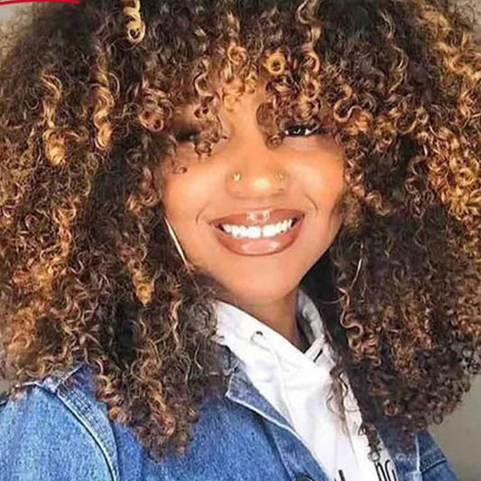 Highlight P4/27 Afro Kinky Curly Human Hair Bob Wig with Bangs - 250% Density Full Machine-Made Glueless Short Wig - 100% Brazilian Remy Human Hair Mix Brown & T1B/30 Jerry Curly Fringe Wig for Women (Fast Shipping) Luxegan