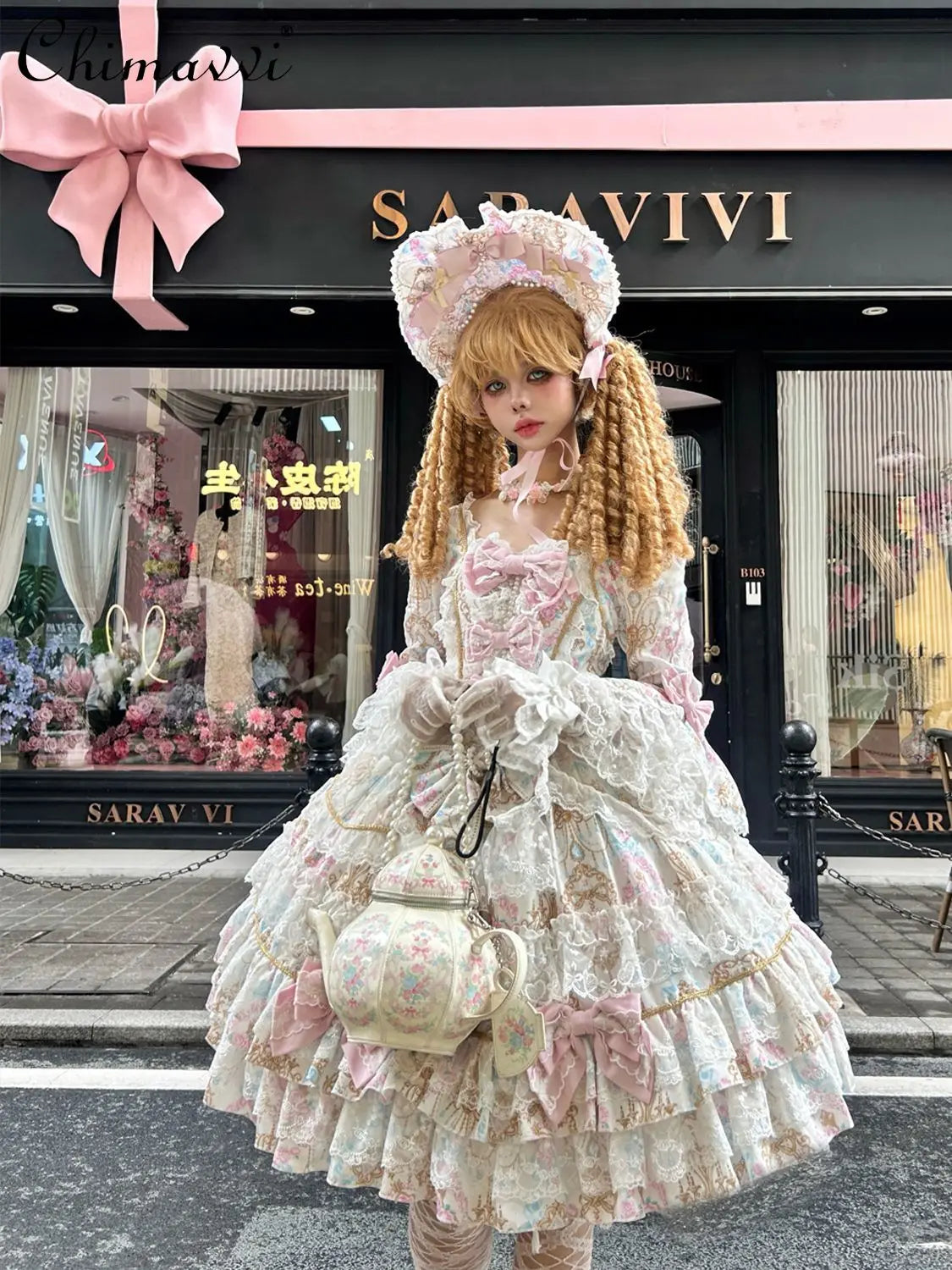 Women's Original Design Sweet Long Sleeve OP Dress | Super Fairy Cute Bow Birthday Party Gown | Elegant Square Collar Slim Fit Princess Dress | Premium Tatting Non-Stretch A-Line Lolita Vestido Luxegan