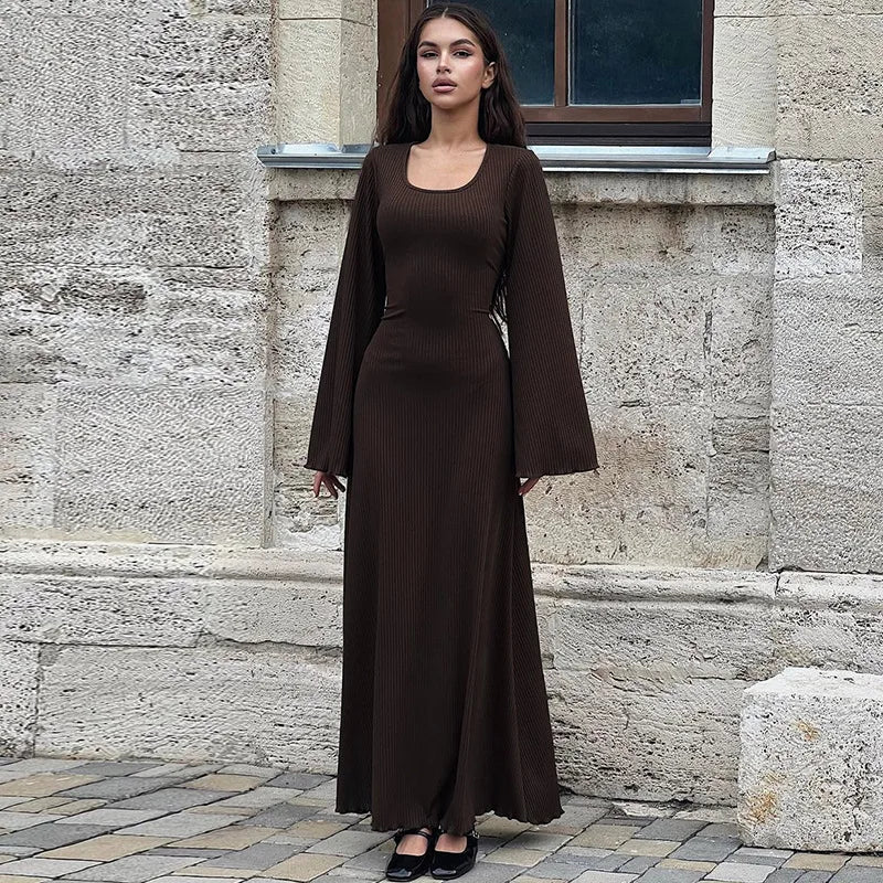Long Flare Sleeved Maxi Floor-Length Dress | Summer Solid Color Casual Office Lady Dress | Premium High-Stretch Slim Fit Lace-Up Vestido | Elegant O-Neck Empire Waist Spring/Summer Long Gown Luxegan