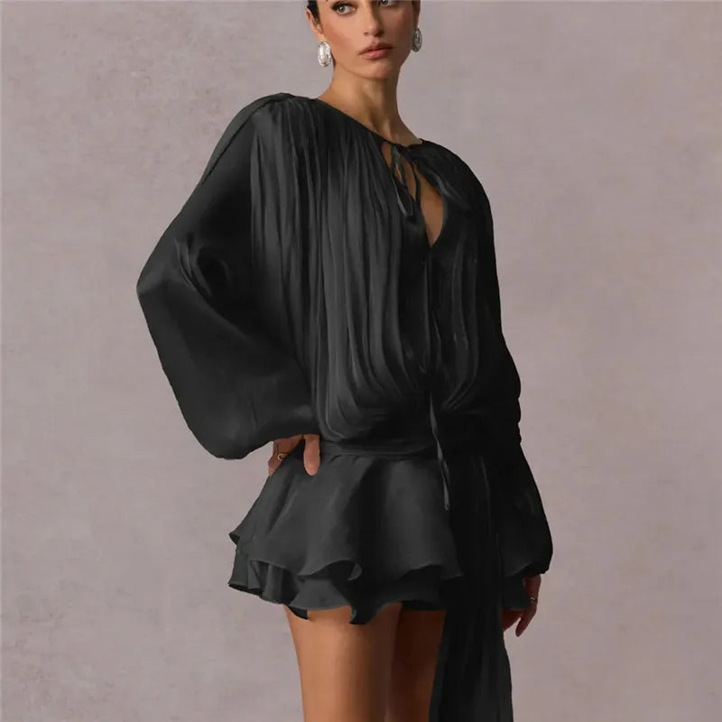 Gaono Women's Elegant Solid Mini Dresses A-line Bubble Lace Up Party Short Vestido Flared Sleeve Fashion Lady Night Summer Gown