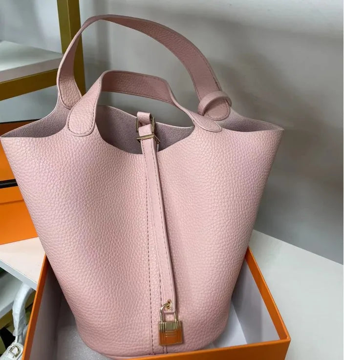 Stylish Bucket Shopping Tote Bag for Women | Soft PU Litchi Pattern Handbag with Lock & Small Horse Scarf (Classic, Versatile) Luxegan