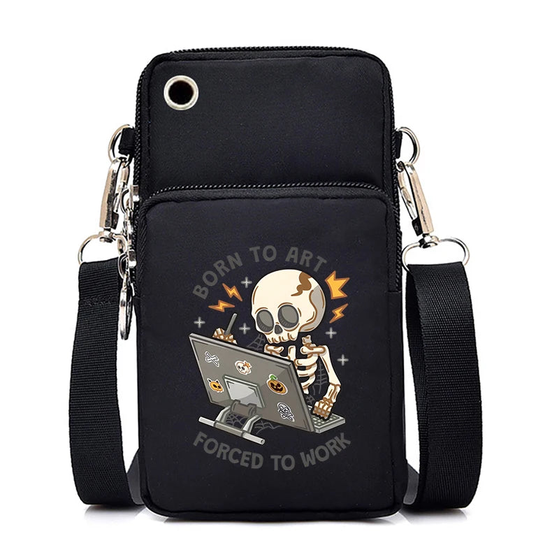 "Dead Inside But Love Cats" Shoulder Bag | Sophisticated Funny Vintage Skeleton Purse | Elegant Cartoon-Print Mobile Phone Bag | "Dignified" Soft Nylon Mini-Handbag for Versatile Casual Styling Luxegan