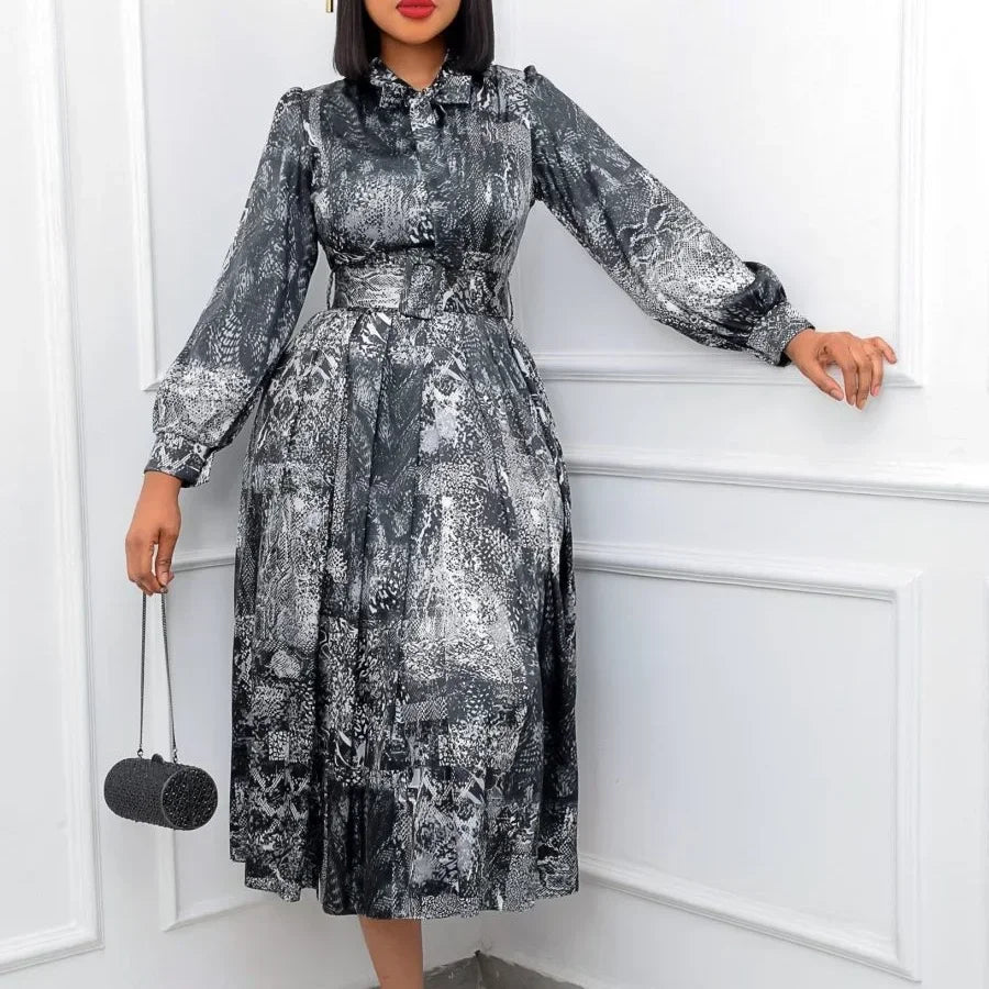 Elegant Vintage Dresses for Women Bow Collar Full Sleeve Belt Waisted A Line Mid Calf Birthday Party Dinner Vestidos Mujer Dress