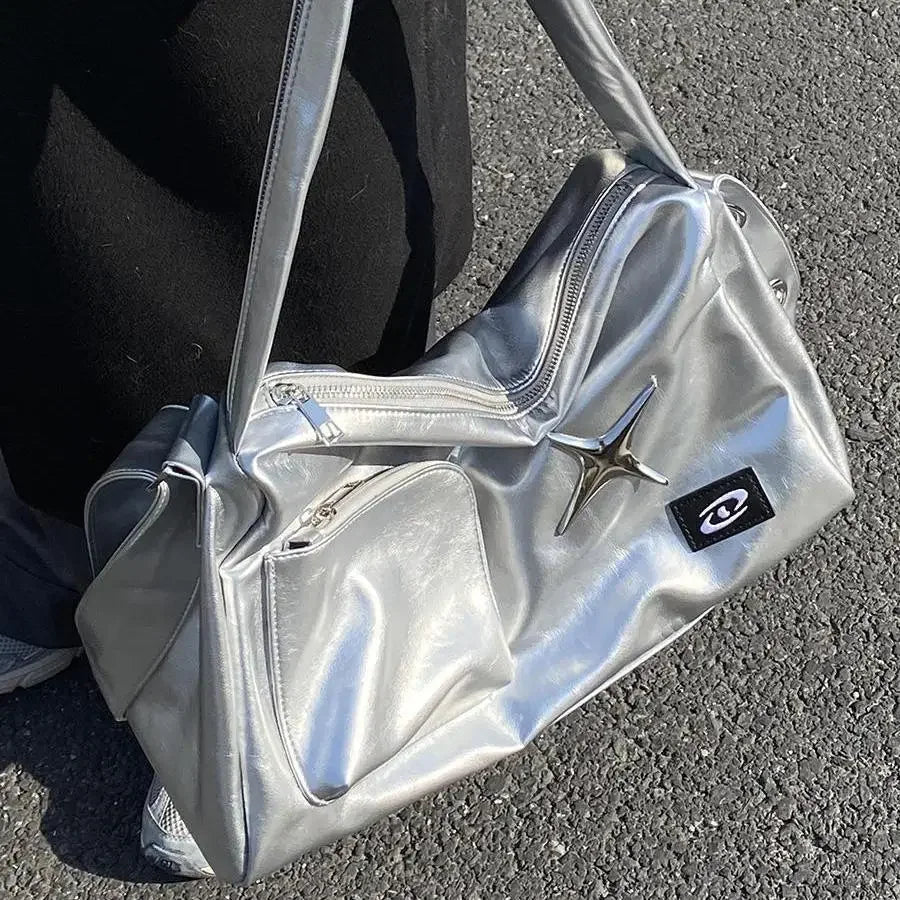 Silver Y2K Tote Bag for Women | Aesthetic Luxury Designer Large Capacity Shoulder Bag (Commuter PU Leather Shopper Handbag) Luxegan