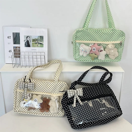 Y2K Ulzzang Ita Bag for Women | Trendy Polka Dot Canvas Shoulder & Underarm Tote (Transparent Pocket, Youth Fashion) Luxegan
