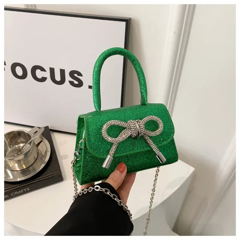 Glitter Small Square Handbag | PU Leather Bow Design Shoulder Bag