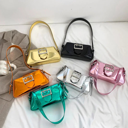 New Luxury Design Women's Glossy PU Leather Armpit Bag | Fashion Party Handbag (Patent Leather Silver Shoulder & Crossbody Bag) Luxegan