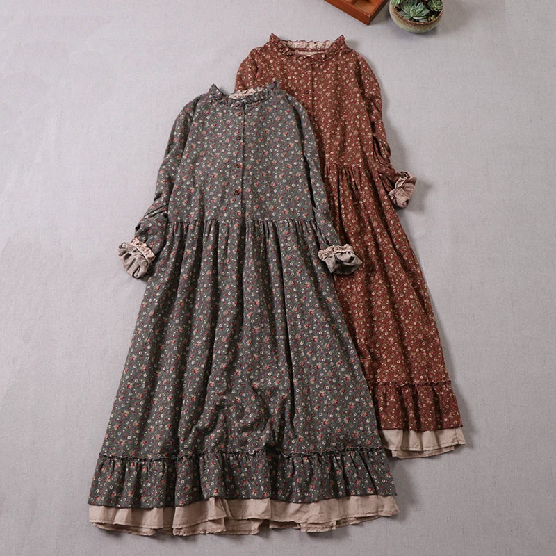 Women's Japanese Mori Girl Vintage Floral Print Dress | Elegant Ruffled Neckline Long Sleeve Cotton Gown | Retro Casual Loose A-Line Robe | Premium Natural Fiber Slight Stretch Ankle-Length Luxegan
