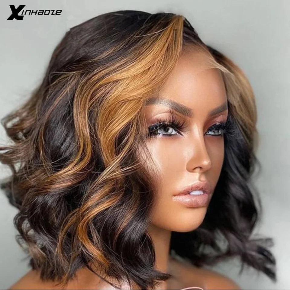 Ombre Dark Brown & 99J Burgundy Highlight Bob | Sophisticated Body Wave Brazilian Virgin Hair | Elegant 13x4 HD Transparent Lace Frontal | "Dignified" Short Remy Hair Wig with Blonde Accents