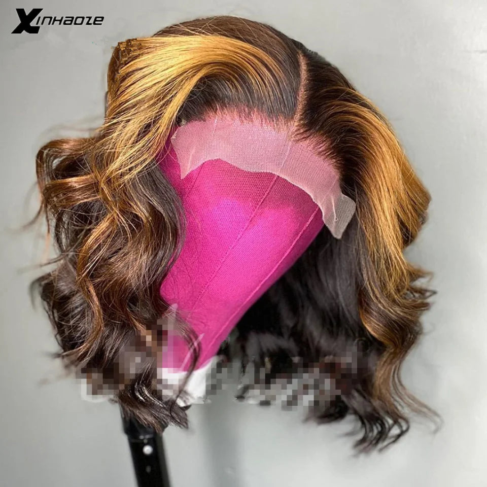 Ombre Dark Brown & 99J Burgundy Highlight Bob | Sophisticated Body Wave Brazilian Virgin Hair | Elegant 13x4 HD Transparent Lace Frontal | "Dignified" Short Remy Hair Wig with Blonde Accents
