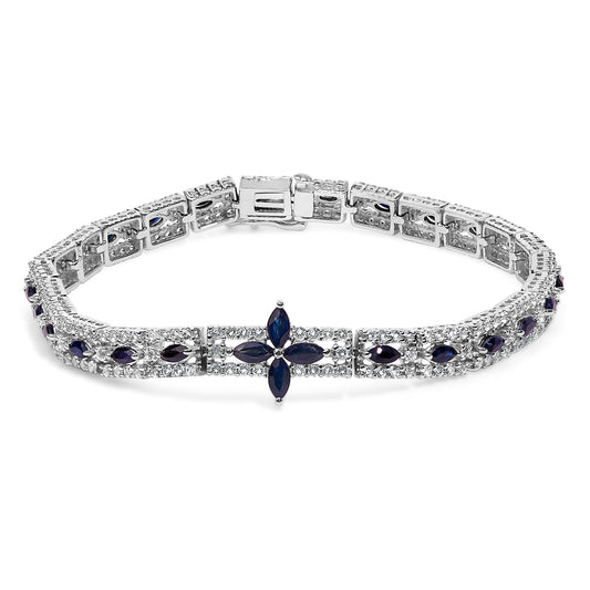 Pulsera Art Decó de Eslabones Florales Marquesa de Zafiro Azul Oscuro y Topacio de Plata Esterlina