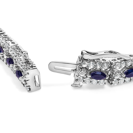 Pulsera Art Decó de Eslabones Florales Marquesa de Zafiro Azul Oscuro y Topacio de Plata Esterlina