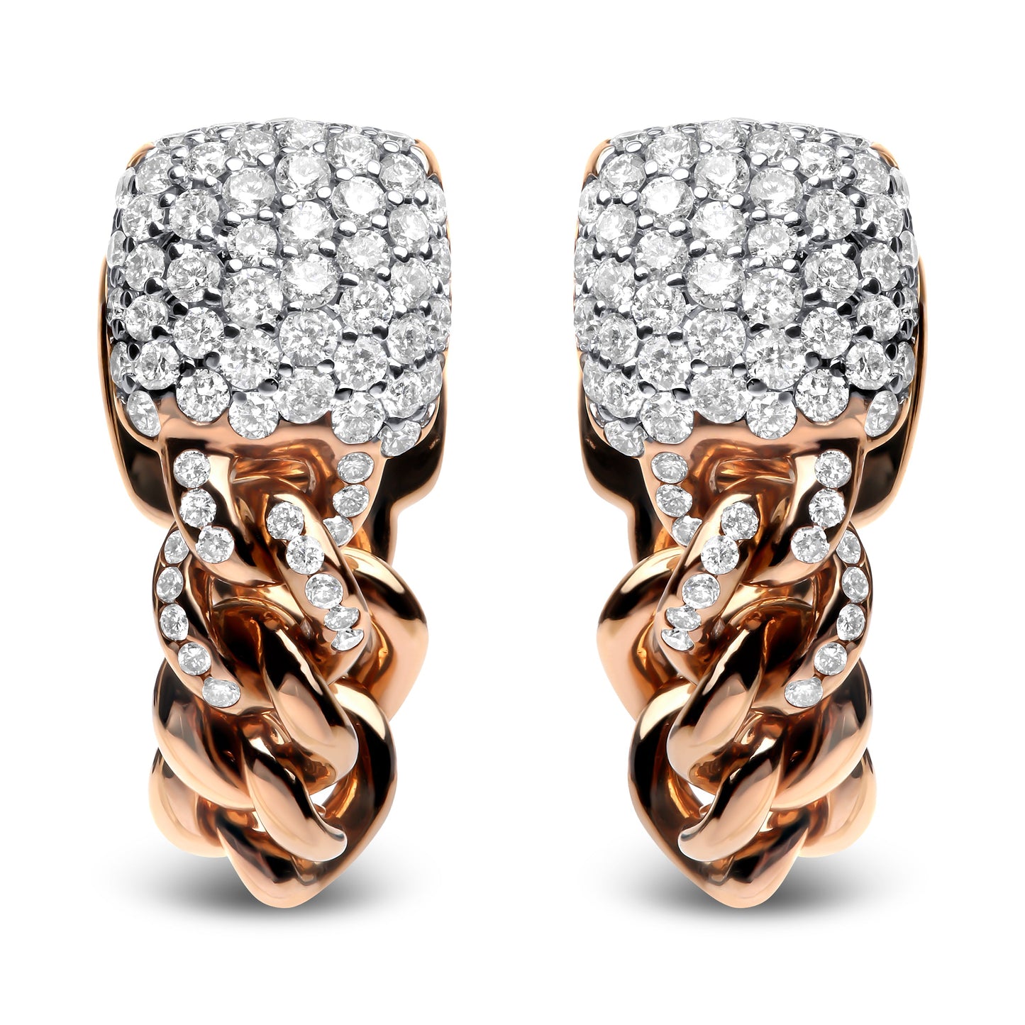 Pendientes Huggie de cadena cubana pavé con diamantes redondos de 0,75 quilates de oro rosa de 18 K (color G-H, claridad SI1-SI2)