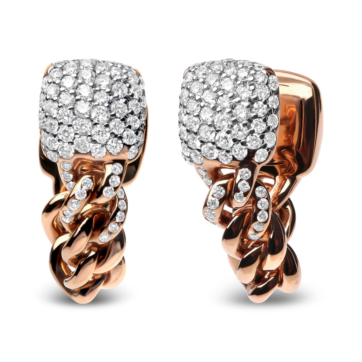 Pendientes Huggie de cadena cubana pavé con diamantes redondos de 0,75 quilates de oro rosa de 18 K (color G-H, claridad SI1-SI2)