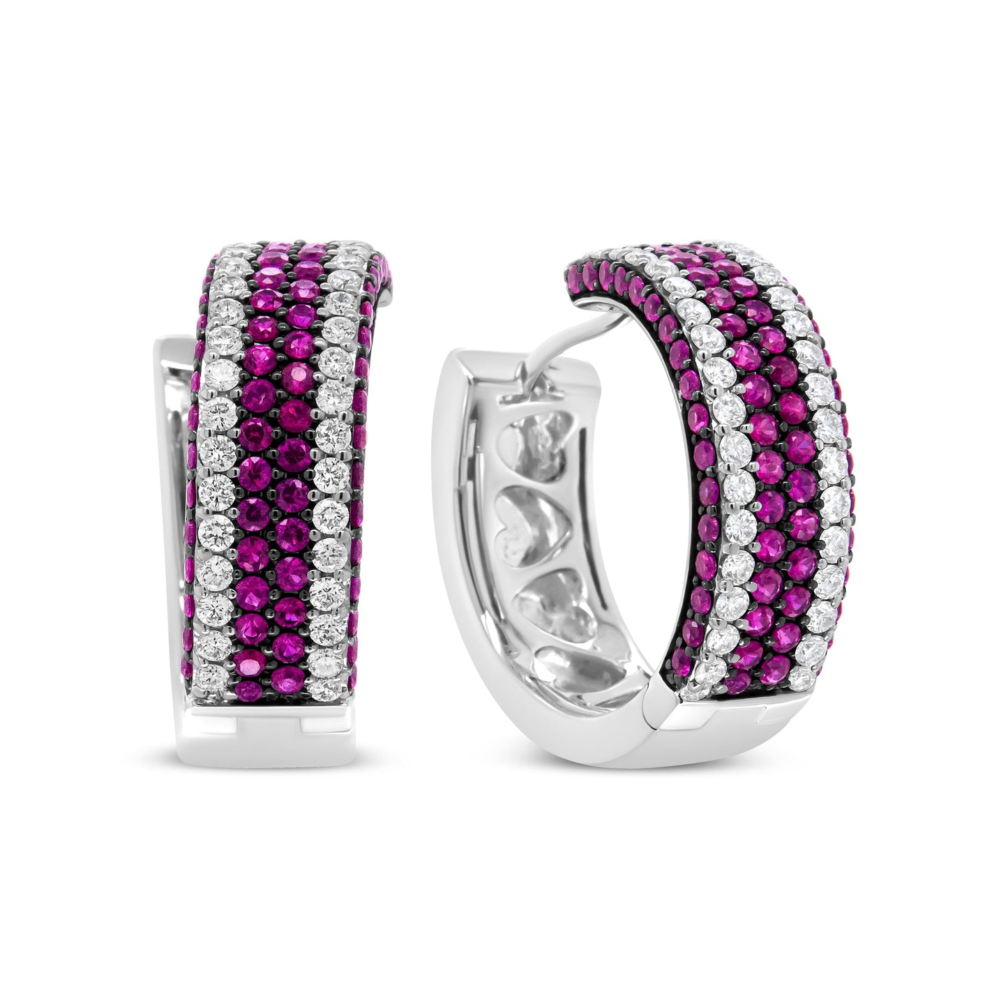 Pendientes de aro calados Swish de oro blanco de 18 K con diamantes de 1 7/8 ct. y rubíes redondos de 1 mm (color F-G, claridad VS1-VS2)