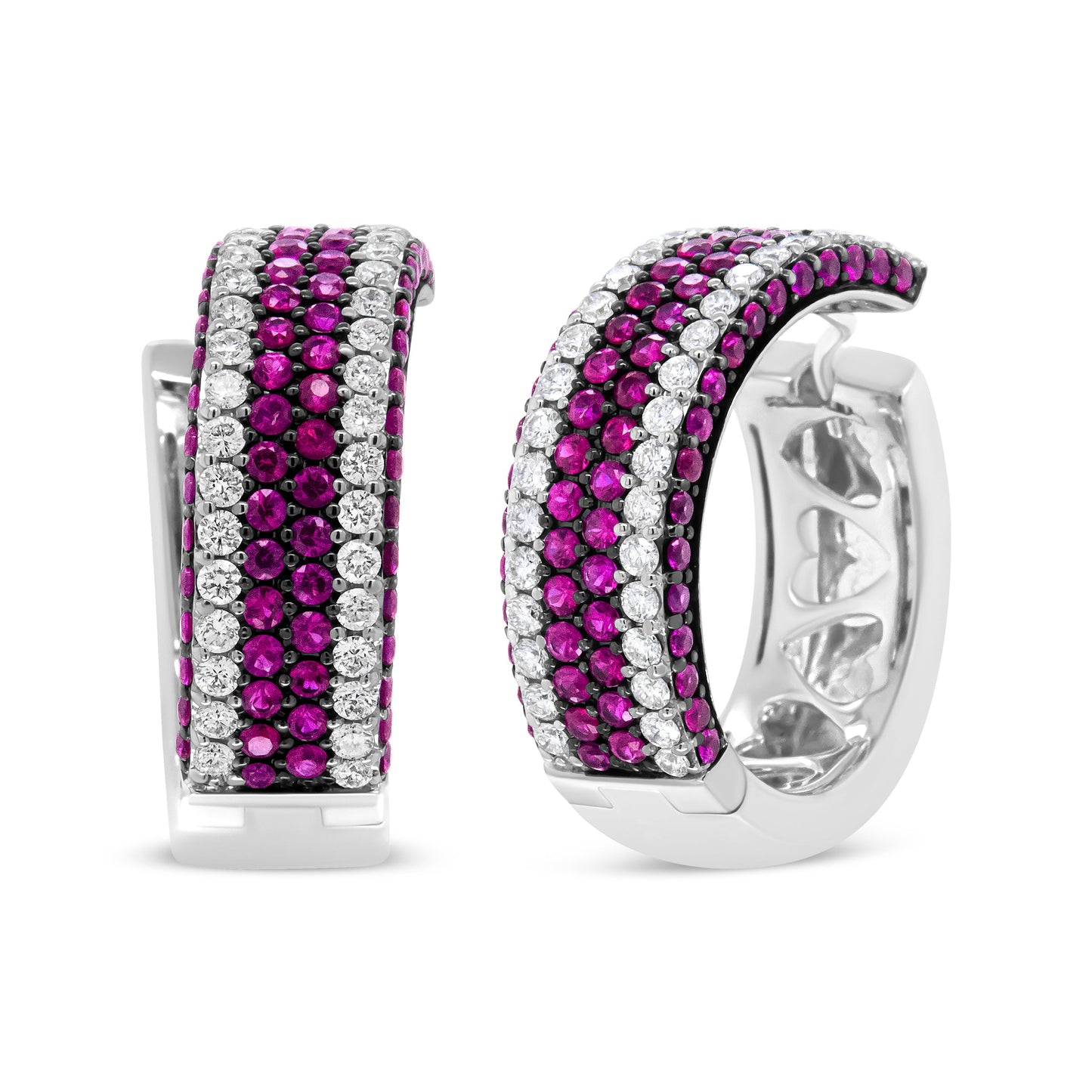 Pendientes de aro calados Swish de oro blanco de 18 K con diamantes de 1 7/8 ct. y rubíes redondos de 1 mm (color F-G, claridad VS1-VS2)