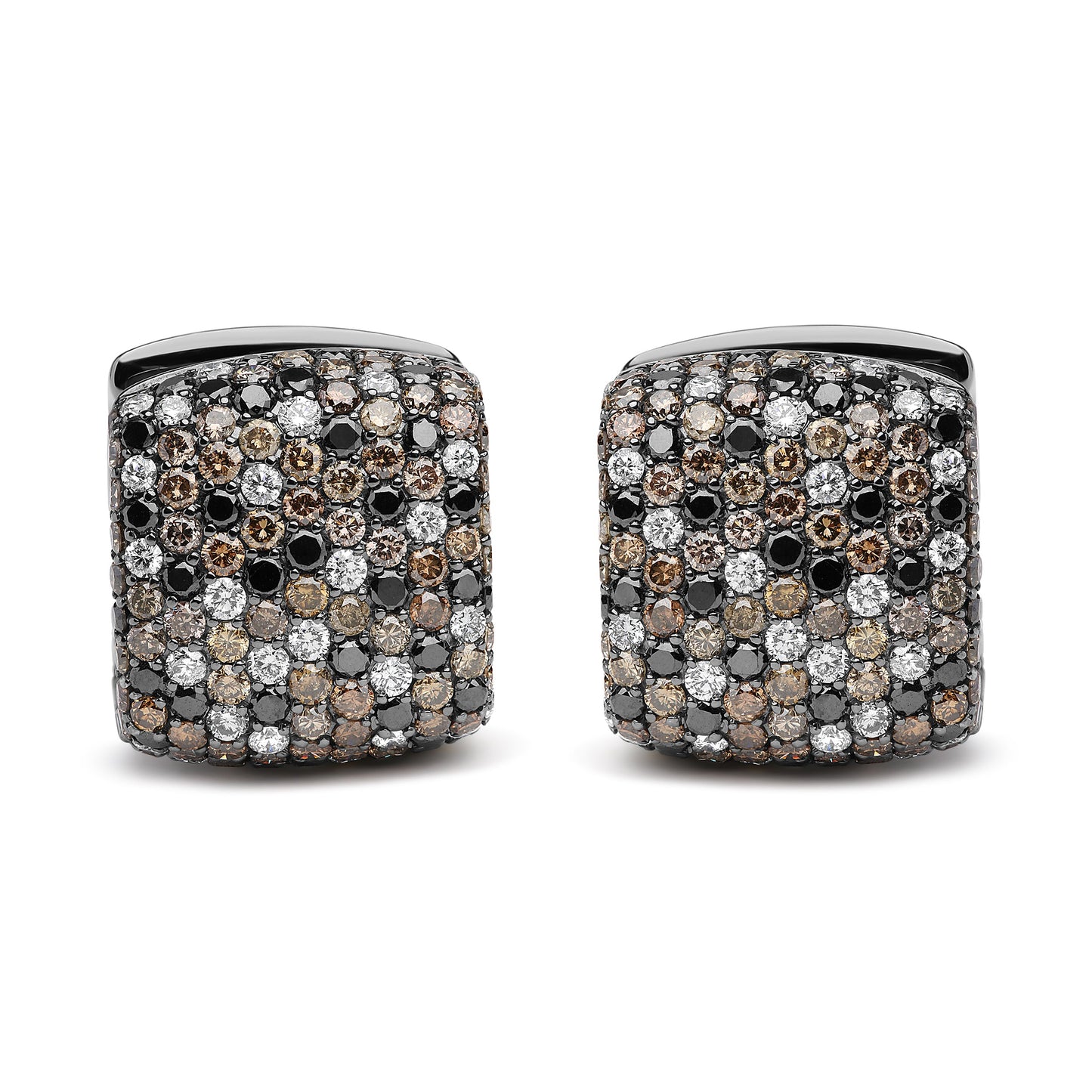 Pendientes Huggie Cuadrados Abovedados con Diamantes Multicolor de 12 5/8 Cttw en Oro Blanco de 18K con Baño de Rodio Negro (Marrón, Negro, Color G-H, Claridad SI1-SI2)
