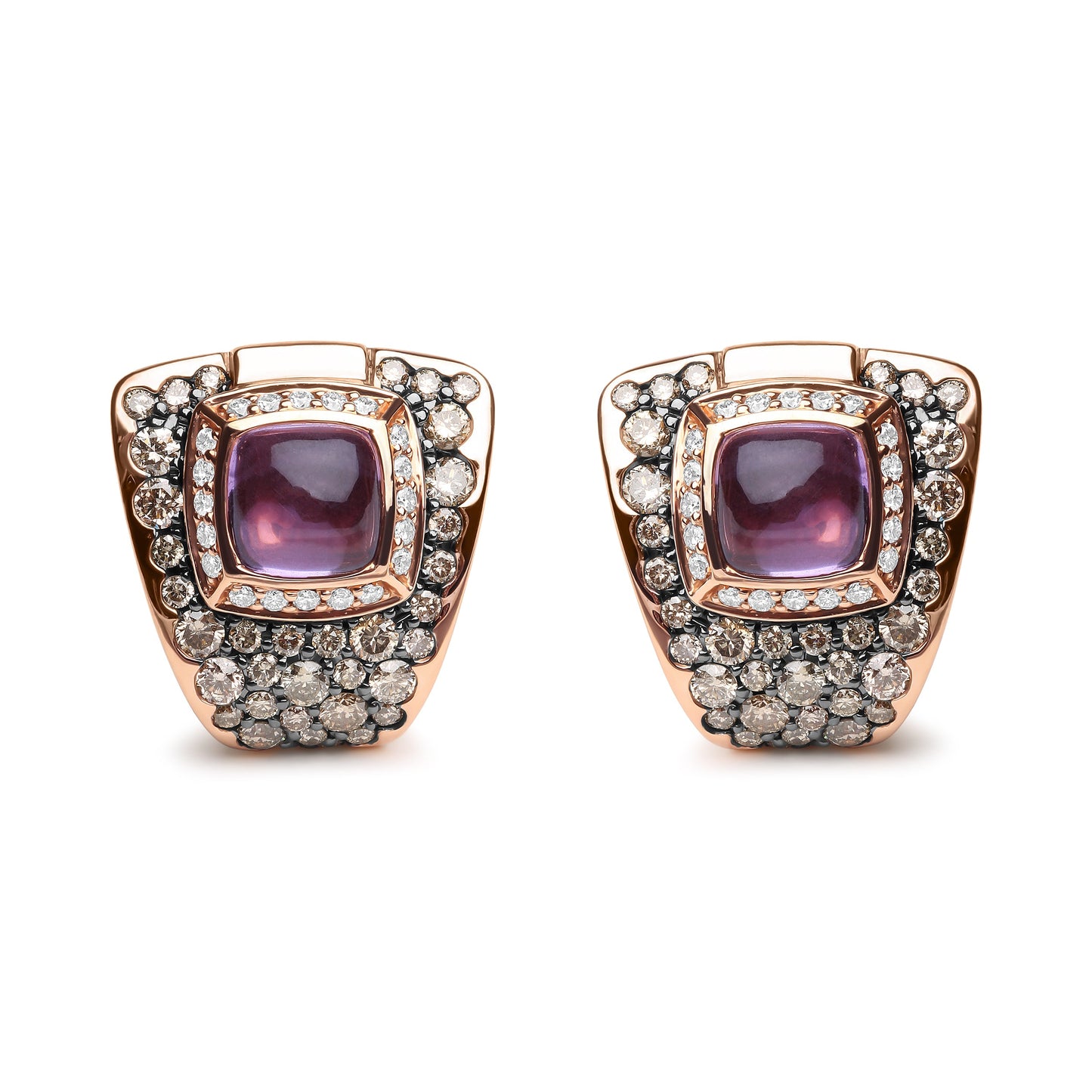 Pendientes de Botón con Diseño Geométrico de Oro Rosa de 18K con Diamantes Redondos de 1 1/2 Cttw y Amatista Púrpura de Talla Cojín de 7 mm (Color Marrón y G-H, Claridad SI1-SI2)