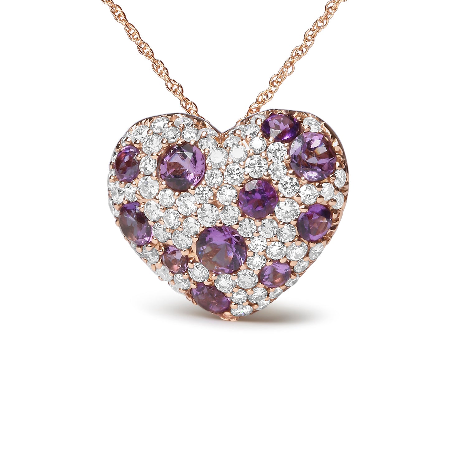 Collar con colgante en forma de corazón de oro rosa de 18 quilates con diamante de 3/4 Cttw y amatista morada de 18" (color G-H, claridad SI1-SI2)