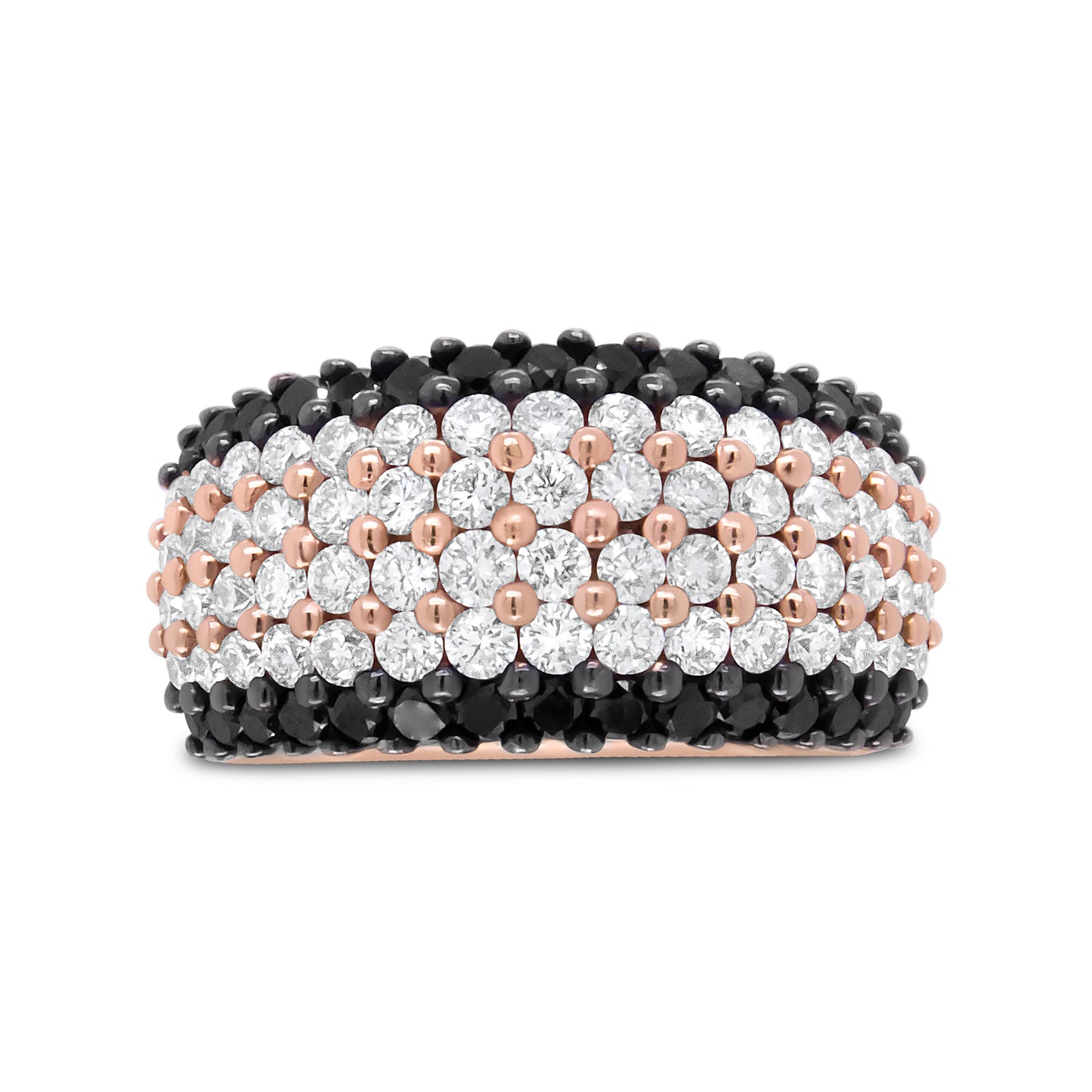 Anillo de banda de 6 filas con diamantes blancos y negros de 2 1/5 Cttw de oro rosa de 18 quilates (color F-G y negro, claridad VS1-VS2) - Talla 7