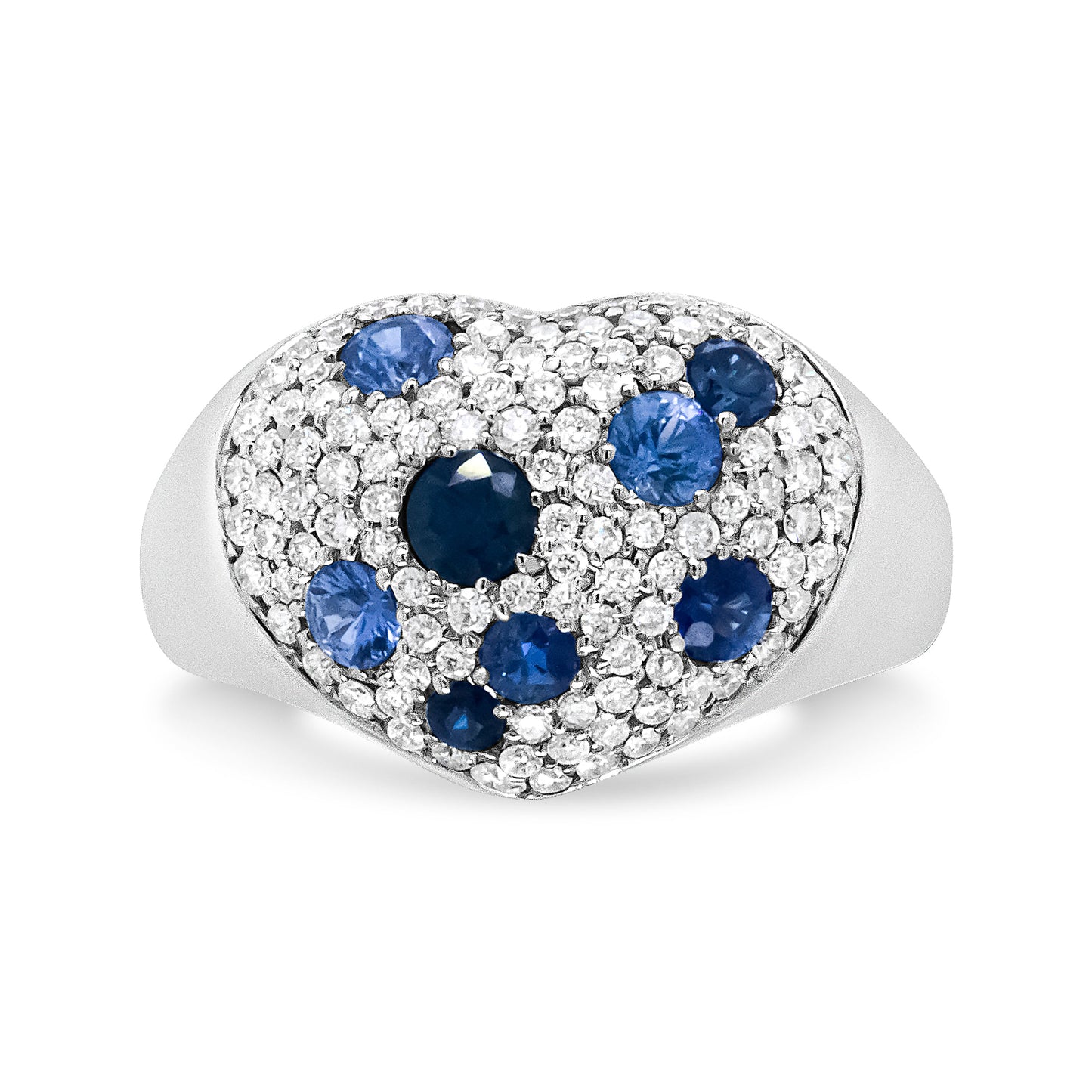 Anillo en forma de corazón con zafiro azul de oro blanco de 18 quilates y diamantes de racimo de 5/8 quilates en total (color F-G, claridad VS1-VS2) - Talla 7.5