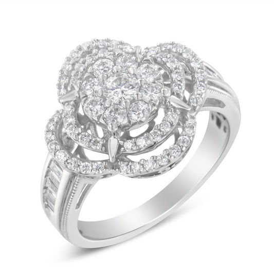 Anillo tipo cóctel de oro blanco de 14 K con racimo floral de diamantes de talla redonda y baguette de 1,0 Cttw engarzado en canal con trébol (color H-I, claridad SI2-I1) - Talla 6-3/4