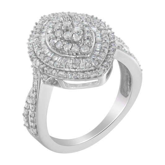 Anillo de cóctel de plata de ley .925 con diamantes redondos y talla baguette de 1.0 Cttw, diseño de racimo en forma de marquesa y triple halo escalonado (Color I-J, Claridad I2-I3) - Talla 7