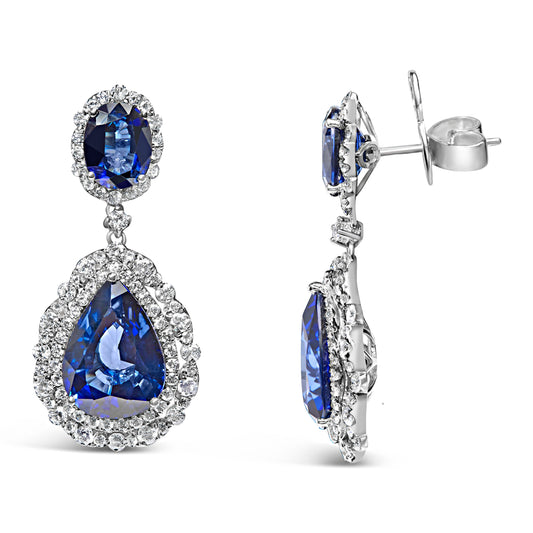 Pendientes colgantes de oro blanco de 18K con zafiro azul de 2 3/4 Cttw y halo de diamantes (color G-H, claridad SI1-SI2)