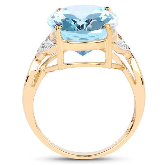 Anillo de plata de ley .925 con topacio azul genuino de 11,32 quilates y topacio blanco, chapado en oro amarillo de 14 quilates