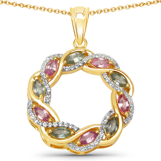 Colgante de plata de ley .925 con zafiro verde genuino de 1.83 quilates, zafiro rosa y topacio blanco