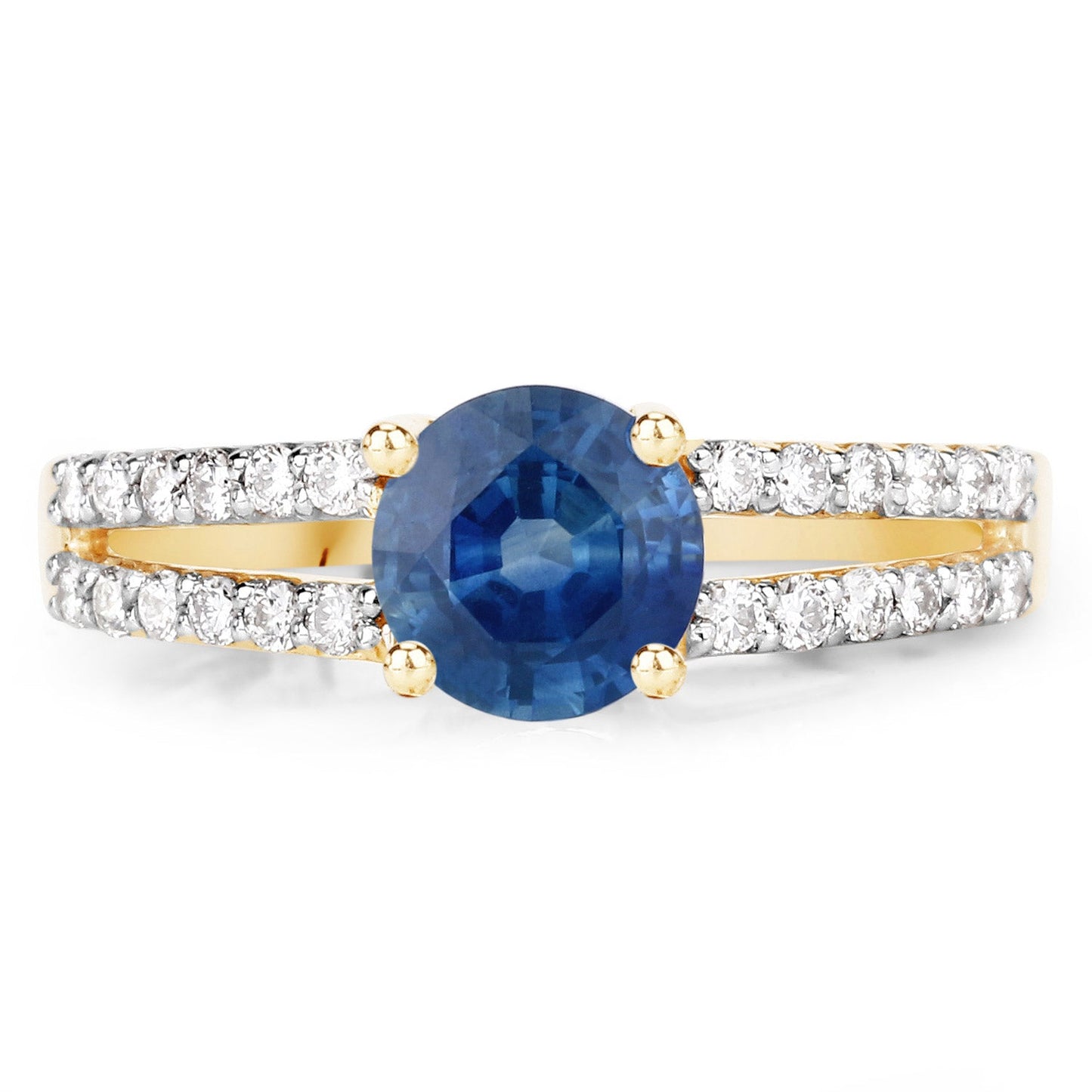 Anillo de oro amarillo de 14K con zafiro azul genuino de 1.29 quilates y diamantes blancos