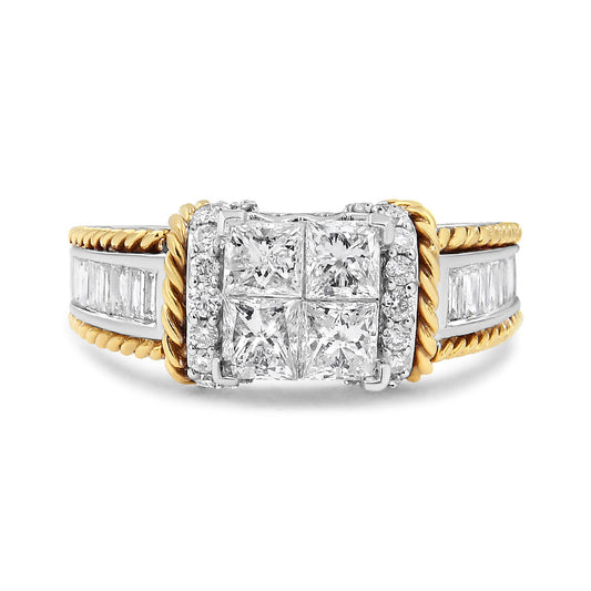 Anillo de compromiso de oro blanco y amarillo de 14 quilates con diamantes de talla princesa de 1,5 quilates en engaste invisible estilo cuádruple (color H-I, claridad SI2-I1) - Talla 7