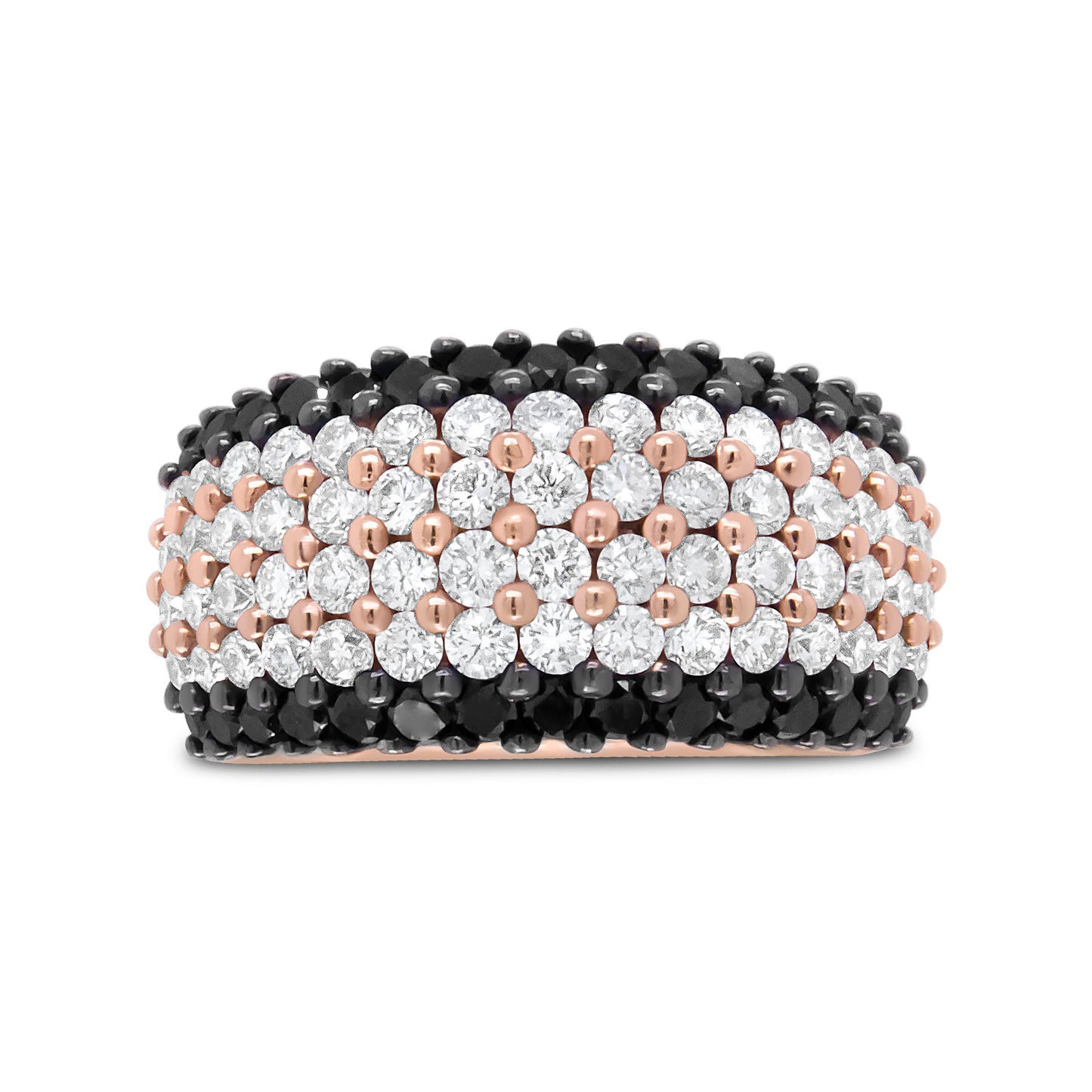 Anillo de banda de 6 filas con diamantes blancos y negros de 2 1/5 Cttw de oro rosa de 18 quilates (color F-G y negro, claridad VS1-VS2) - Talla 7