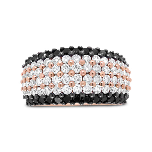 Anillo de banda de 6 filas con diamantes blancos y negros de 2 1/5 Cttw de oro rosa de 18 quilates (color F-G y negro, claridad VS1-VS2) - Talla 7