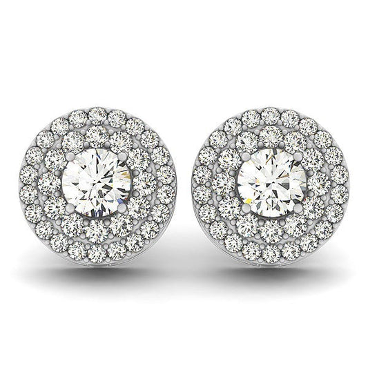 Pendientes de diamante redondos de doble halo de oro blanco de 14k (1 1/4 TCW)