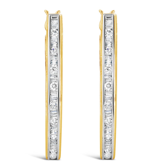 Aretes de aro en U de oro amarillo de 10K con diamantes redondos y de talla baguette de 1.00 Cttw (color H-I, claridad SI2-I1)