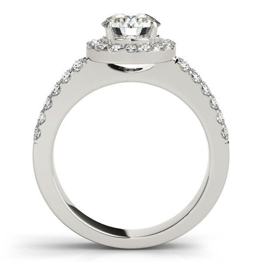 Anillo de compromiso con halo de diamantes en oro blanco de 14 quilates y banda de doble fila (1 3/8 quilates de peso total)
