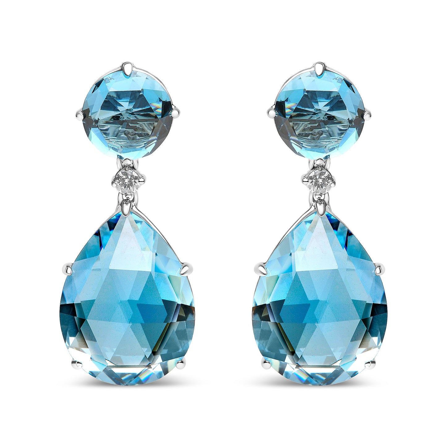 Pendientes colgantes de oro blanco de 18 quilates con diamante de 1/5 Cttw, topacio azul de Londres redondo y topacio azul cielo talla pera de 20 x 15 mm (color G-H, claridad SI1-SI2)