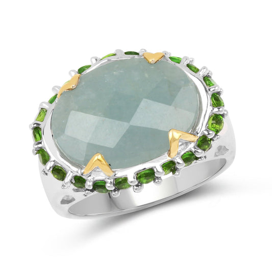 Anillo de Plata Fina de Ley .925 con Baño de Dos Tonos, Aguamarina Lechosa Genuina de 9.12 Quilates y Diópsido Cromado