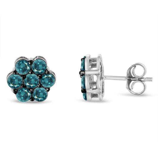 Pendientes de plata de ley con diamantes azules tratados y diseño floral (1 ct. de peso total, color azul, claridad I2-I3)