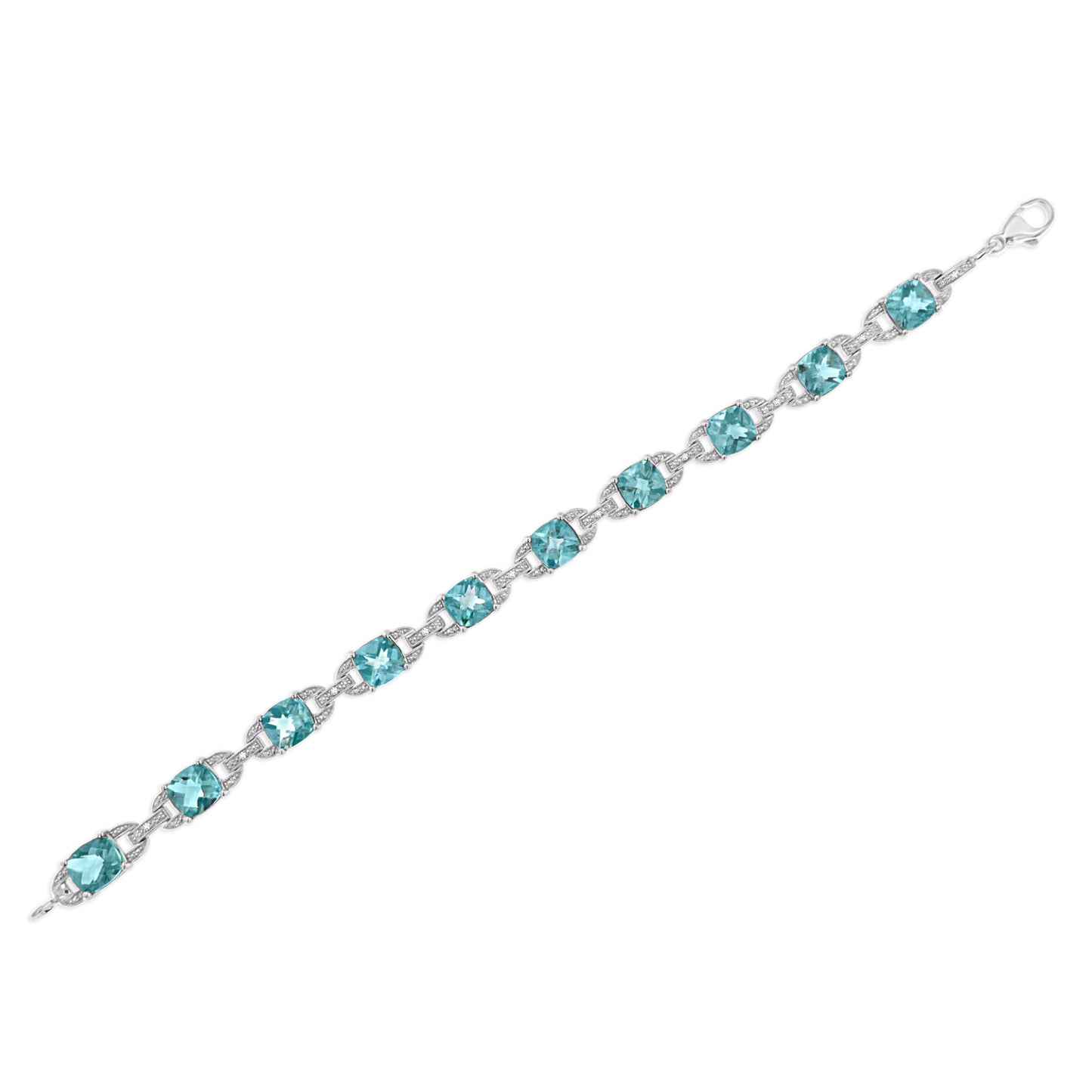 Pulsera de tenis de moda de plata de ley .925 con topacio azul de talla cojín de 7x7 mm y diamantes redondos de 1/20 quilates (Color I-J, Claridad I1-I2) - 7"