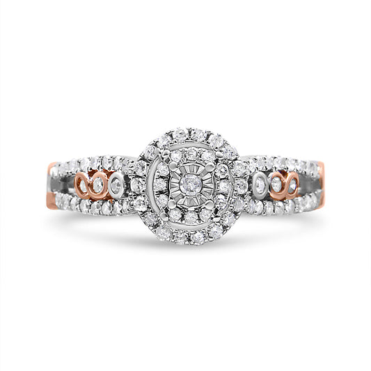 Anillo de Compromiso de Plata Fina .925 Chapado en Oro Rosa de 14K con Doble Marco Cruzado y Vástago Dividido de Diamantes Redondos de 3/8 Cttw (Color I-J, Claridad I2-I3) - Talla 7