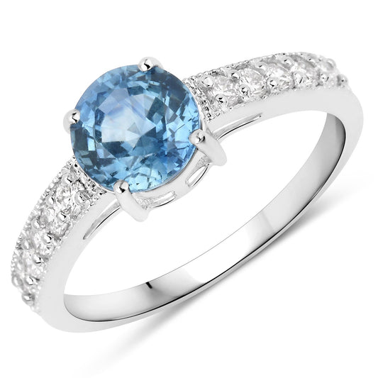 Anillo de oro blanco de 14K con zafiro azul genuino de 1,90 quilates y diamantes blancos