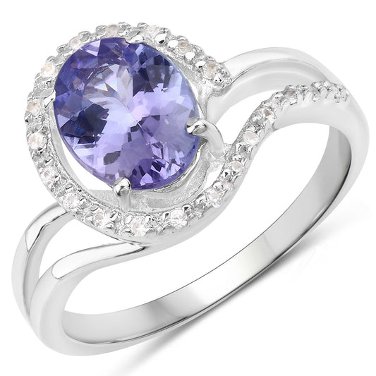Anillo de Plata Fina .925 con Tanzanita Genuina de 1.82 Quilates y Zircón Blanco
