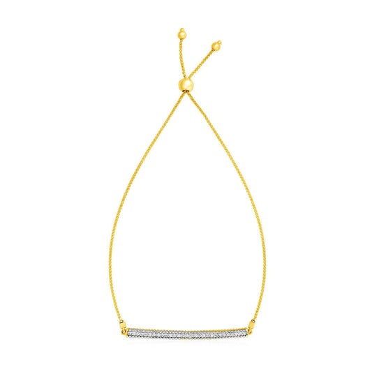 Pulsera ajustable de oro amarillo de 14k con barra texturizada y diamantes