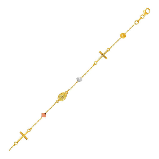 Pulsera de oro tricolor de 14k con cruces, cubos y medallones