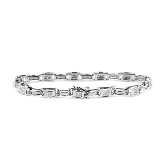 Pulsera de tenis de oro blanco de 14 quilates con diamantes princesa de 1,0 quilates engastados invisibles y eslabones alternos (color I-J, claridad I1-I2) - 7,25"