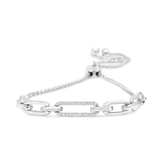 Pulsera tipo bolo ajustable con eslabones de clip de plata de ley .925 con diamante de 0,10 quilates (color I-J, claridad I2-I3)