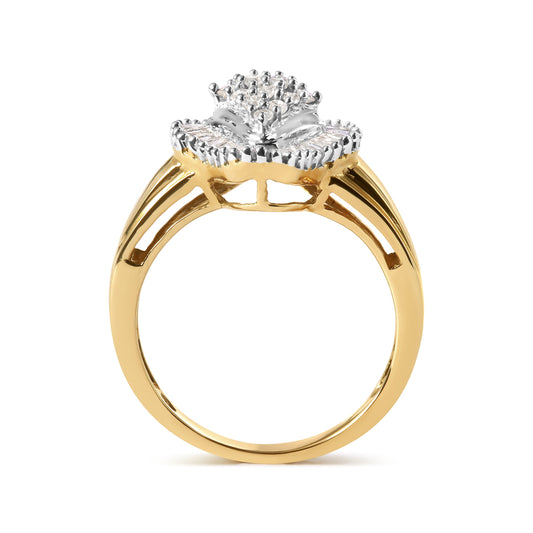 Anillo de oro amarillo de 10 qt con cabeza de rombo de diamantes redondos y de talla baguette de 1/2 quilates en total y halo (color I-J, claridad I1-I2) - Talla 7